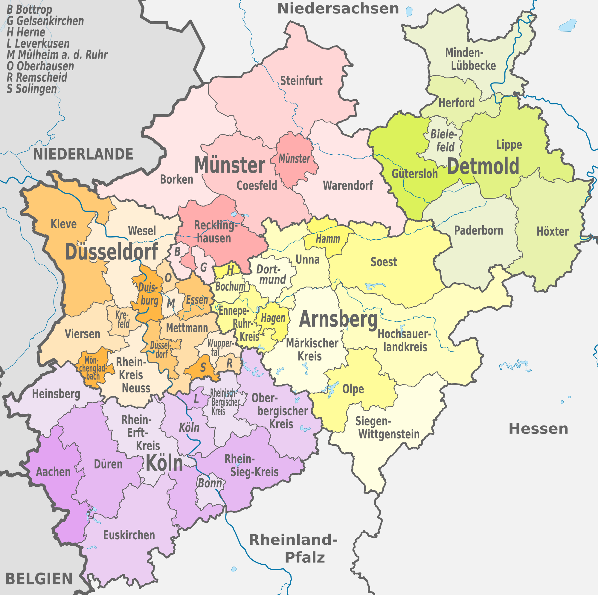 2000px Nordrhein Westfalen, administrative divisions de colored.svg